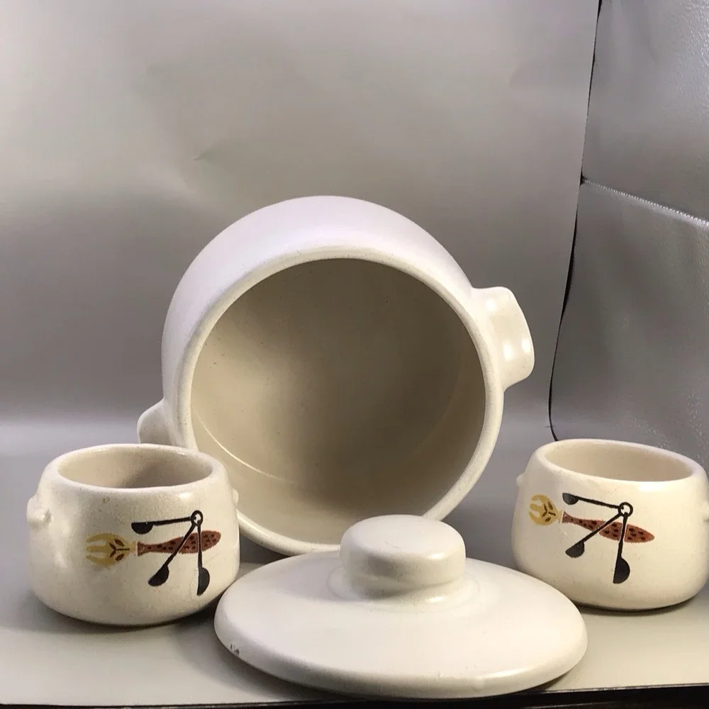 Vintage MCM West Bend Bean Pot & lid  2 Qt Crockery Fork & Spoons Design 2 Bowls